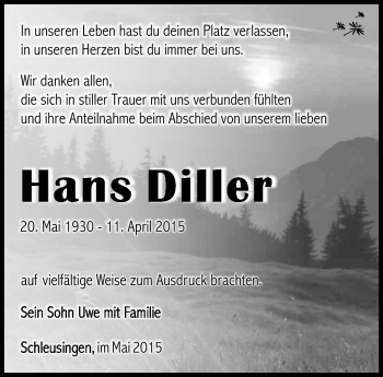 Traueranzeige von Hans Diller von Südthüringer Presse