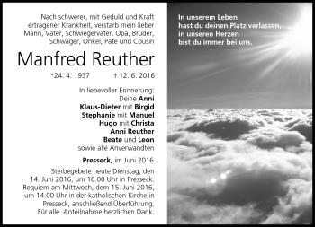 Traueranzeige von Manfred Reuther von Frankenpost