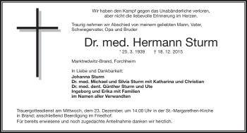 Traueranzeige von Hermann Sturm von Frankenpost