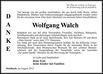 Traueranzeige von Wolfgang Walch von Südthüringer Presse