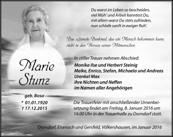 Traueranzeige von marie Stunz von Südthüringer Presse