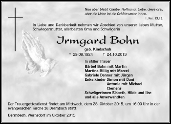 Traueranzeige von Irmgard Bohn von Südthüringer Presse