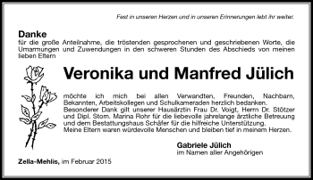 Traueranzeige von Veronia und Manfred Jülich von Südthüringer Presse