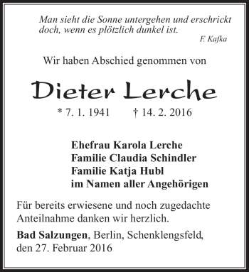 Traueranzeige von Dieter Lerche von Südthüringer Presse