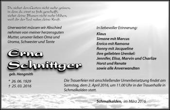 Traueranzeige von Erna Schnittger von Südthüringer Presse