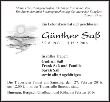Traueranzeige von Günther Saß von Südthüringer Presse