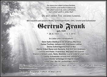Traueranzeige von Gertrud Frank von Südthüringer Presse