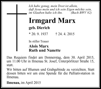 Traueranzeige von Irmgard Marx von Südthüringer Presse