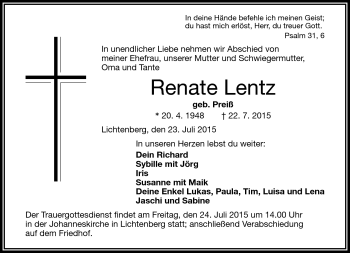 Traueranzeige von Renate Lentz von Frankenpost