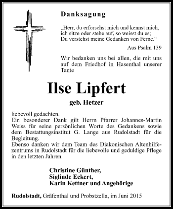 Traueranzeige von Ilse Lipfert von Südthüringer Presse