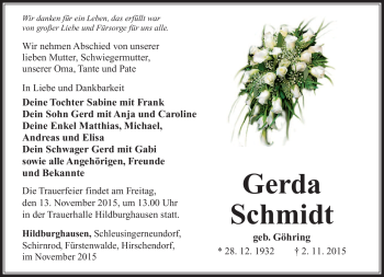 Traueranzeige von Gerda Schmidt von Südthüringer Presse