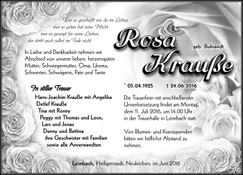 Traueranzeige von Rosa Krauße von Südthüringer Presse