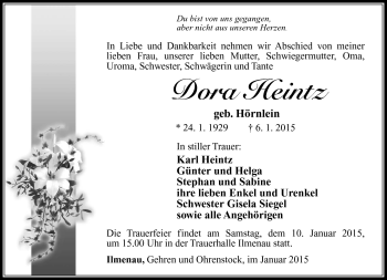 Traueranzeige von Dora Heintz von Südthüringer Presse
