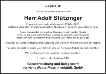Traueranzeige von Adolf Stützinger von Neue Presse Coburg