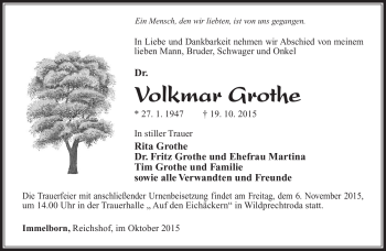 Traueranzeige von Volkmar Grothe von Südthüringer Presse