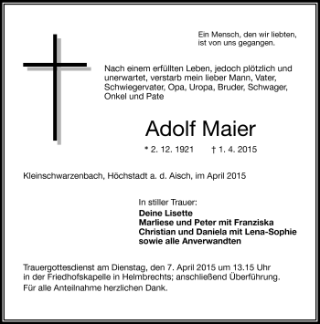 Traueranzeige von Adolf Maier von Frankenpost