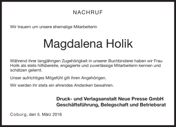 Traueranzeige von Magdalena Holik von Neue Presse Coburg