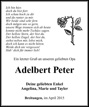 Traueranzeige von Adelbert Peter von Südthüringer Presse