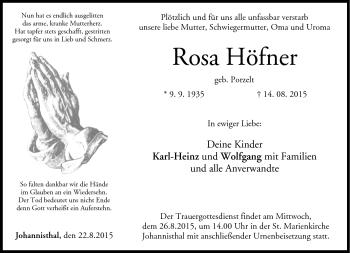 Traueranzeige von Rosa Höfner von Neue Presse Coburg