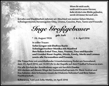 Traueranzeige von Inge Großgebauer von Südthüringer Presse