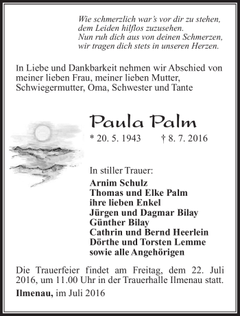 Traueranzeige von Paula Palm von Südthüringer Presse