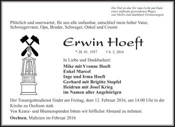 Traueranzeige von Erwin Hoeft von Südthüringer Presse