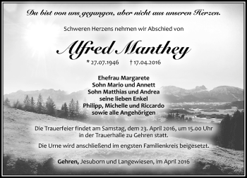 Traueranzeige von Alfred Manthey von Südthüringer Presse