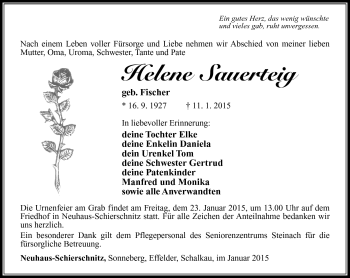 Traueranzeige von Helene Sauerteig von Südthüringer Presse