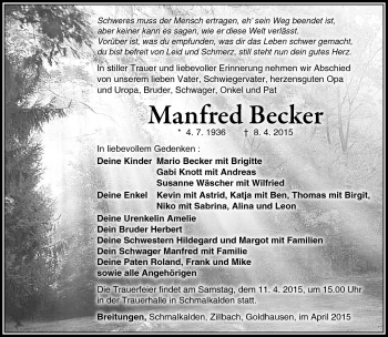 Traueranzeige von Manfred Becker von Südthüringer Presse