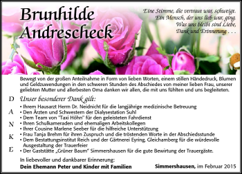 Traueranzeige von Brundhilde Andrescheck von Südthüringer Presse