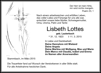 Traueranzeige von Lisbeth Lottes von Frankenpost