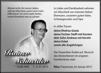 Traueranzeige von Rainer Schneider von Südthüringer Presse