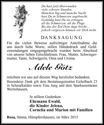Traueranzeige von Adele Götz von Südthüringer Presse