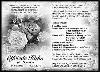 Traueranzeige von Elfriede Höhn von Südthüringer Presse