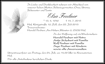 Traueranzeige von Elsa Feulner von Frankenpost