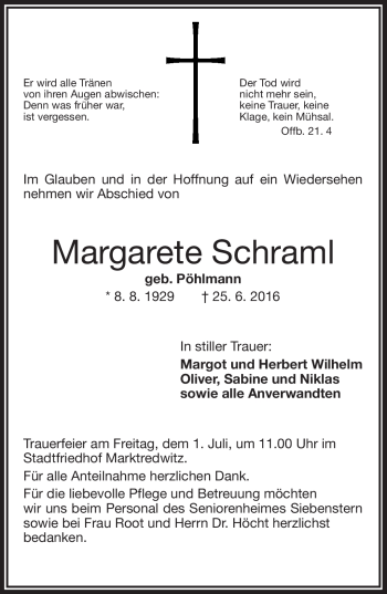 Traueranzeige von Margarete Schraml von Frankenpost
