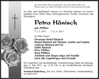 Traueranzeige von Petra Hänisch von Südthüringer Presse