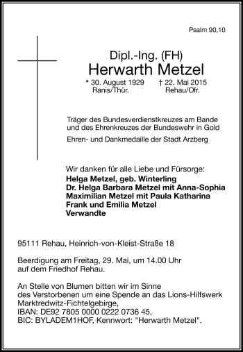 Traueranzeige von Herwarth Metzel von Frankenpost