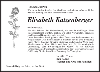 Traueranzeige von Elisabeth Katzenberger von Südthüringer Presse