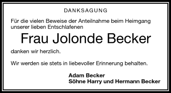 Traueranzeige von Jolonde Becker von Frankenpost