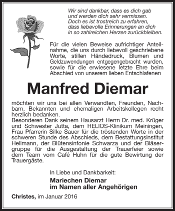 Traueranzeige von Manfred Diemar von Südthüringer Presse