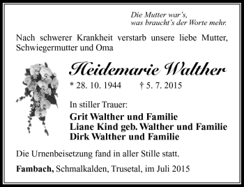 Traueranzeige von Heidemarie Walther von Südthüringer Presse