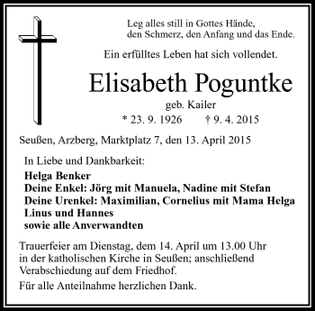 Traueranzeige von Elisabeth Poguntke von Frankenpost