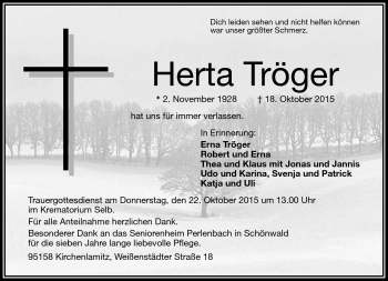 Traueranzeige von Herta Tröger von Frankenpost