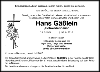 Traueranzeige von Hans Gäßlein von Neue Presse Coburg