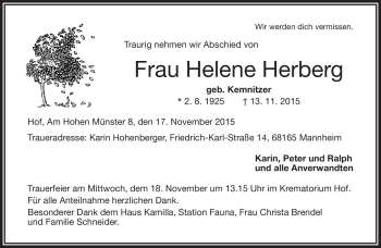 Traueranzeige von Helene Herberg von Frankenpost