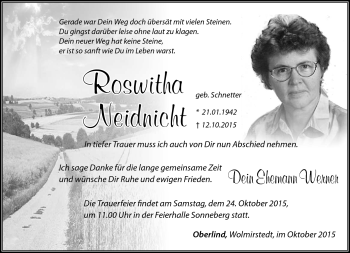 Traueranzeige von Roswitha Neidnicht von Südthüringer Presse