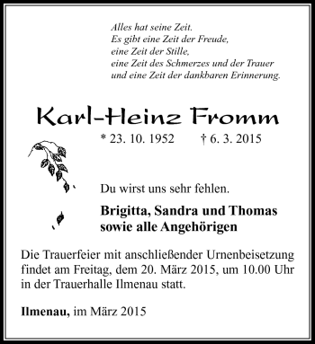 Traueranzeige von Karl-Heinz Fromm von Südthüringer Presse