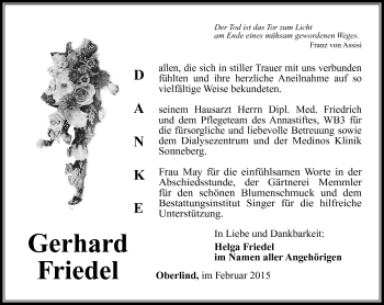 Traueranzeige von Gerhard Friedel von Südthüringer Presse