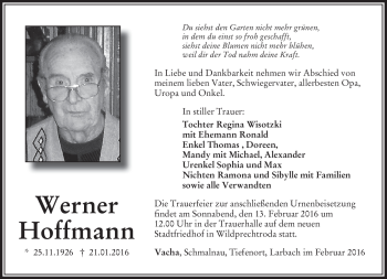 Traueranzeige von Werner Hoffmann von Südthüringer Presse